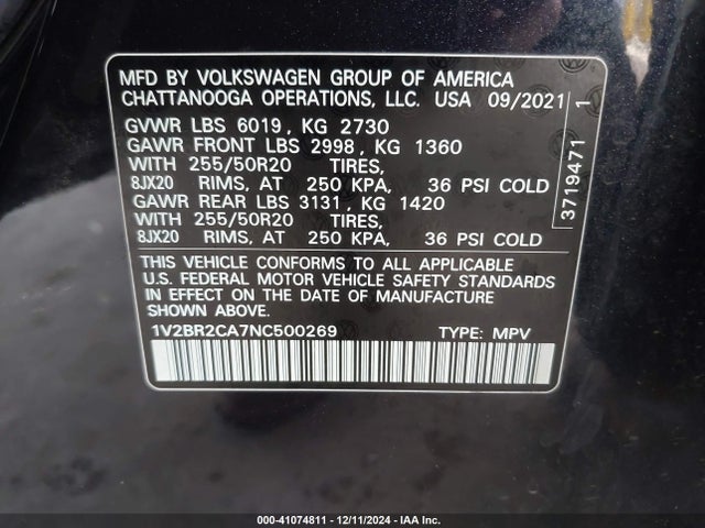 1V2BR2CA7NC500269 Volkswagen Atlas 3.6l V6 Sel