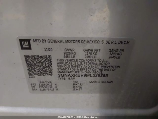 3GNAXKEV9ML339355 Chevrolet Equinox Fwd Lt
