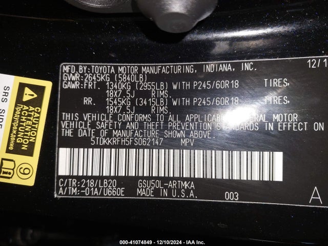 Toyota Highlander Xle V6 2015 5TDKKRFH5FS062147 Image 9