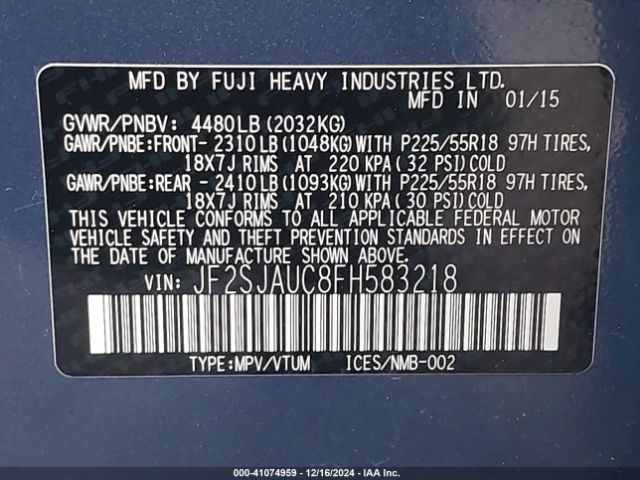 JF2SJAUC8FH583218 Subaru Forester 2.5i Touring