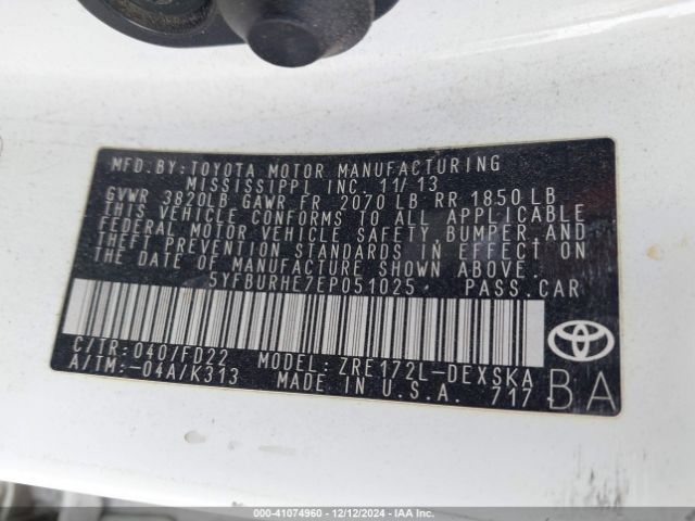 5YFBURHE7EP051025 Toyota Corolla L/le/le Pls/prm/s/s Pls