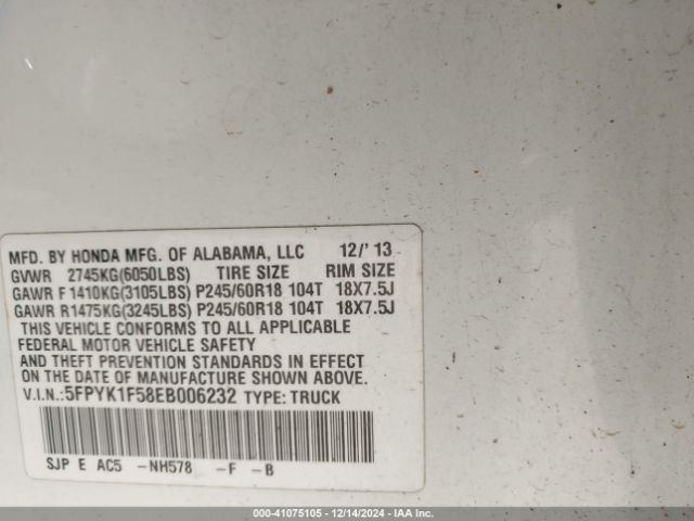 5FPYK1F58EB006232 Honda Ridgeline Rtl