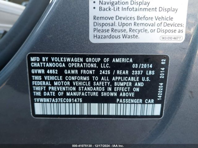 1VWBN7A37EC091475 Volkswagen Passat 2.0l Tdi Se