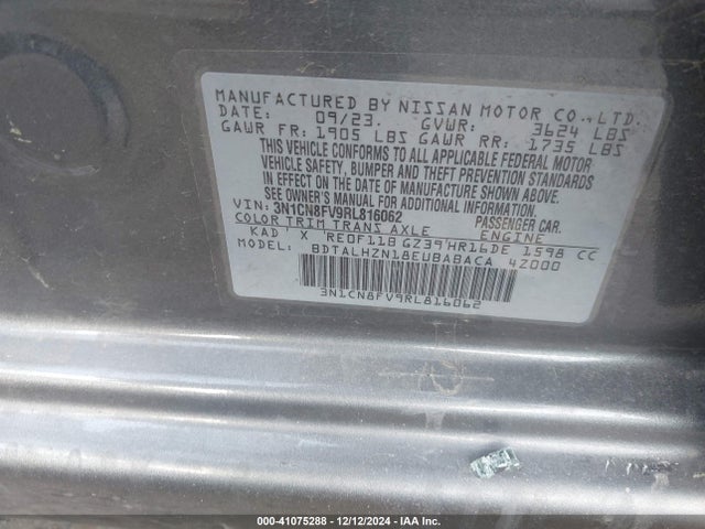 41075288 :رقم المزاد ، 3N1CN8FV9RL816062 vin ، 2024 Nissan Versa 1.6 Sr مزاد بيع