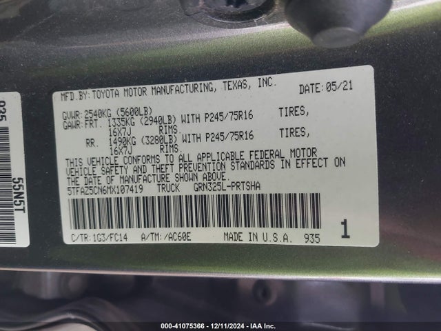 Toyota Tacoma Sr5 V6 2021 5TFAZ5CN6MX107419 Image 9