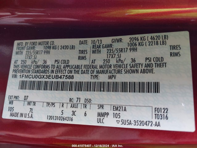 Aukcja sprzedaży 2014 Ford Escape Se, vin: 1FMCU0GX3EUB47588, numer aukcji: 41075407