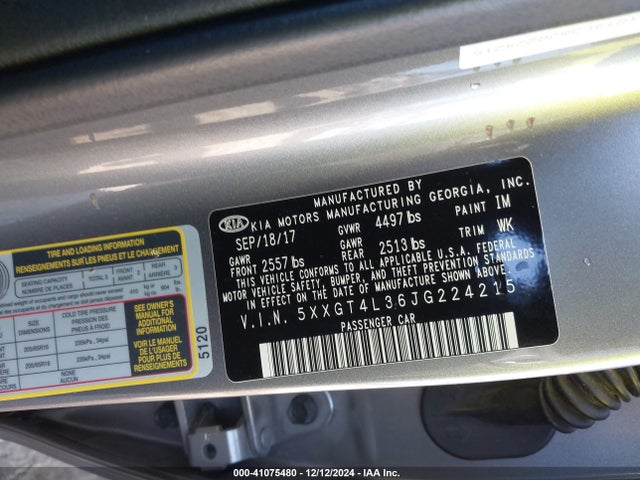 2018 Kia Optima Lx მანქანა იყიდება აუქციონზე, vin: 5XXGT4L36JG224215, აუქციონის ნომერი: 41075480
