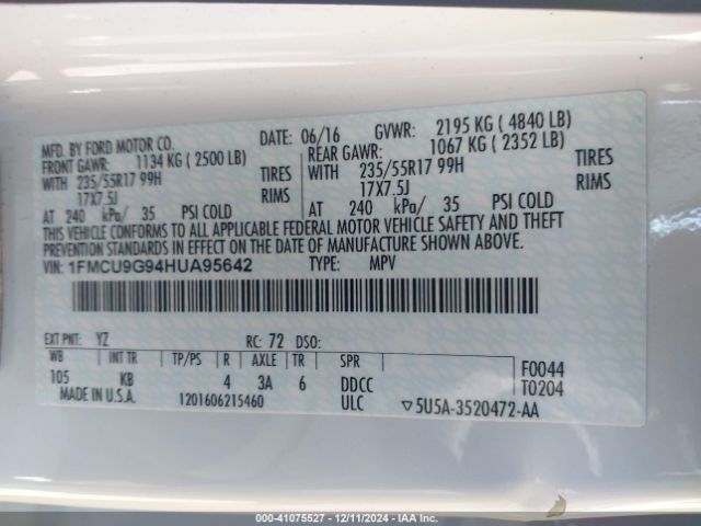 1FMCU9G94HUA95642 Ford ESCAPE SE