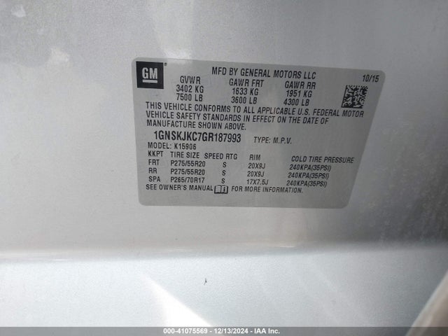 1GNSKJKC7GR187993 Chevrolet Suburban Ltz