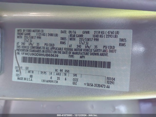 Ford ESCAPE SE 2017 1FMCU9GD9HUB65639 Image 9