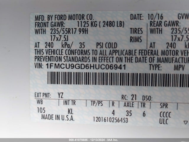 Ford ESCAPE SE 2017 1FMCU9GD6HUC06941 Image 9