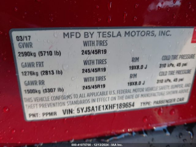 5YJSA1E1XHF189654 Tesla Model S 60/75