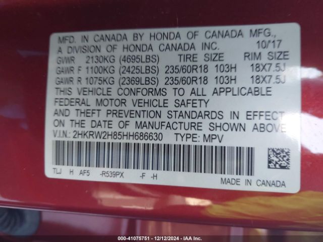 2HKRW2H85HH686630 Honda Cr-v Ex-l/ex-l Navi