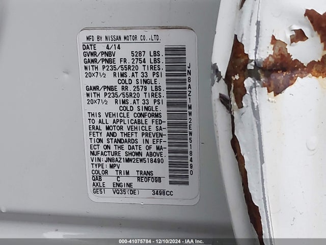 Nissan Murano Le 2014 JN8AZ1MW2EW518490 Image 9