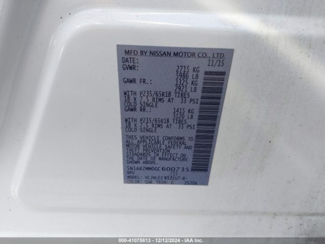 5N1AR2MM0GC600735 Nissan Pathfinder Platinum/s/sl/sv