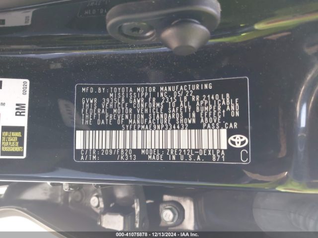 5YFEPMAE9NP334432 Toyota COROLLA LE