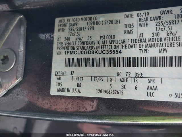Ford ESCAPE SE 2019 1FMCU0GD8KUC35554 Image 9