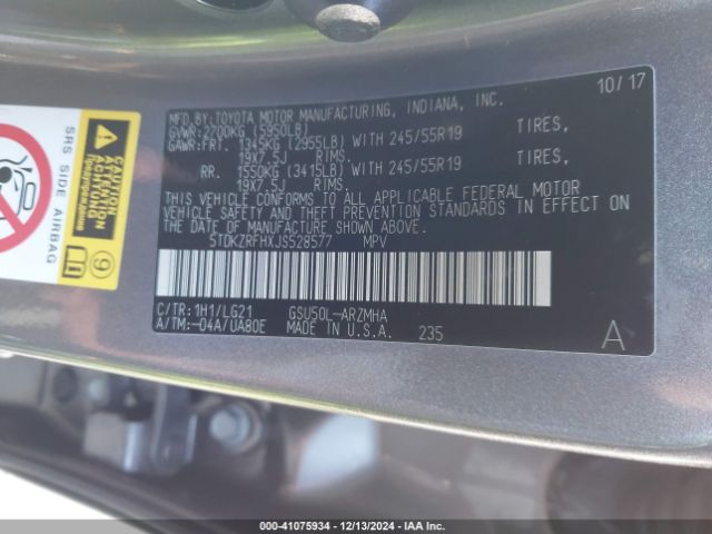 5TDKZRFHXJS528577 Toyota Highlander Se