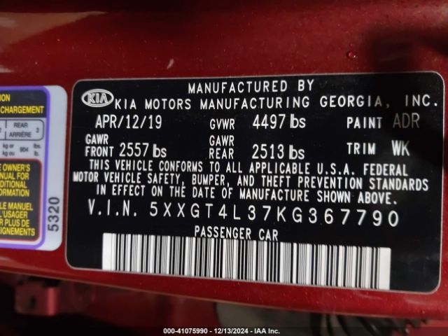 5XXGT4L37KG367790 KIA Optima S