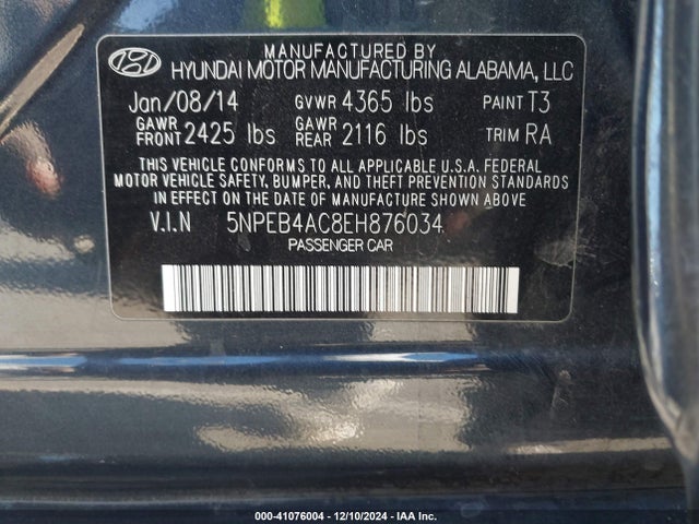 Hyundai SONATA GLS 2014 5NPEB4AC8EH876034 Image 9