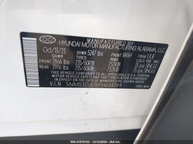 5NMS3DAJ6PH634289 Hyundai Santa Fe Sel