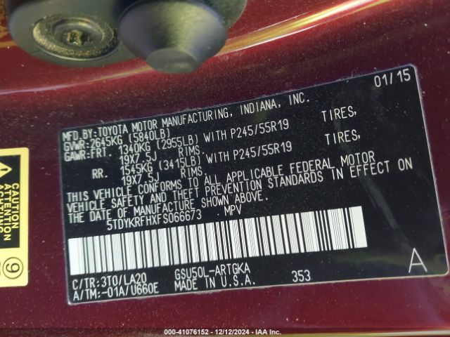 5TDYKRFHXFS066673 Toyota Highlander Limited Platinum V6