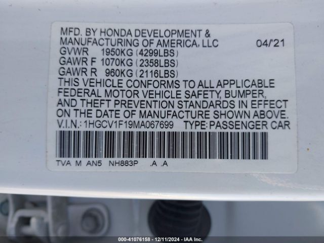 2021 HONDA ACCORD 1HGCV1F19MA067699 Photo 8