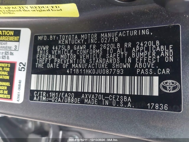 Toyota CAMRY SE 2018 4T1B11HK0JU087793 Image 9
