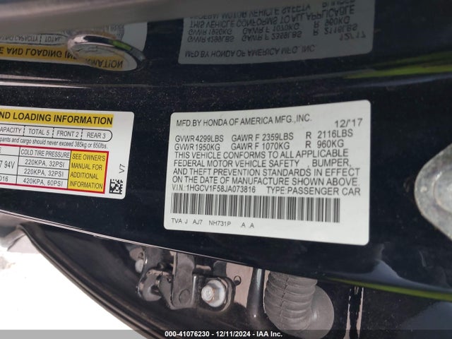 Honda Accord Ex-l 2018 1HGCV1F58JA073816 Image 9