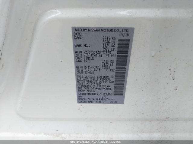 5N1DR2MM1HC618384 Nissan Pathfinder Platinum
