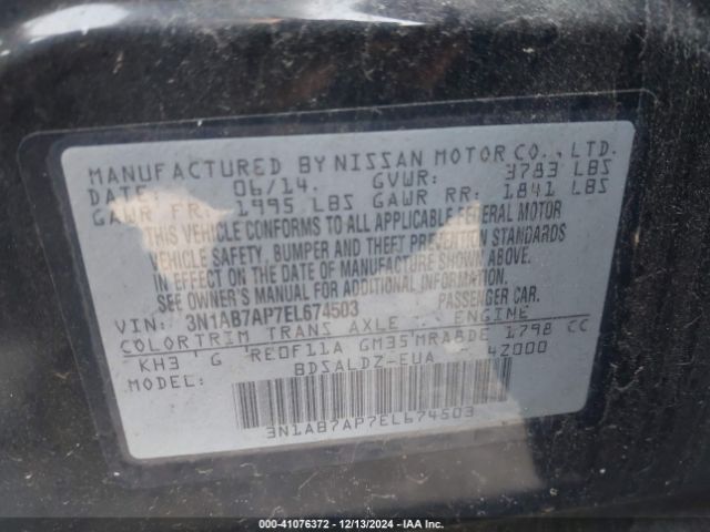 3N1AB7AP7EL674503 Nissan Sentra Fe+ S/fe+ Sv/s/sl/sr/sv