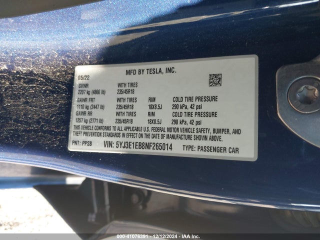 2022 TESLA MODEL 3 5YJ3E1EB8NF265014 Photo 8