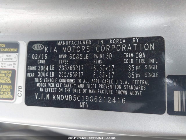KIA SEDONA LX 2016 KNDMB5C19G6212416 Image 9