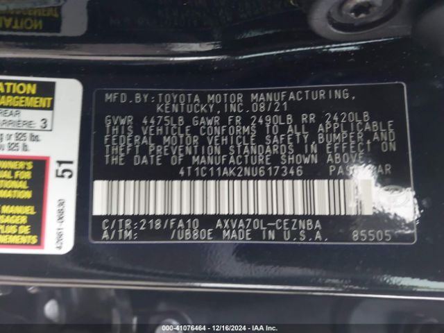 4T1C11AK2NU617346 Toyota CAMRY LE