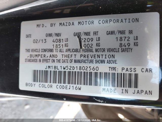 41076496 :رقم المزاد ، JM1BL1W52D1802560 vin ، 2013 Mazda Mazda3 S Grand Touring مزاد بيع