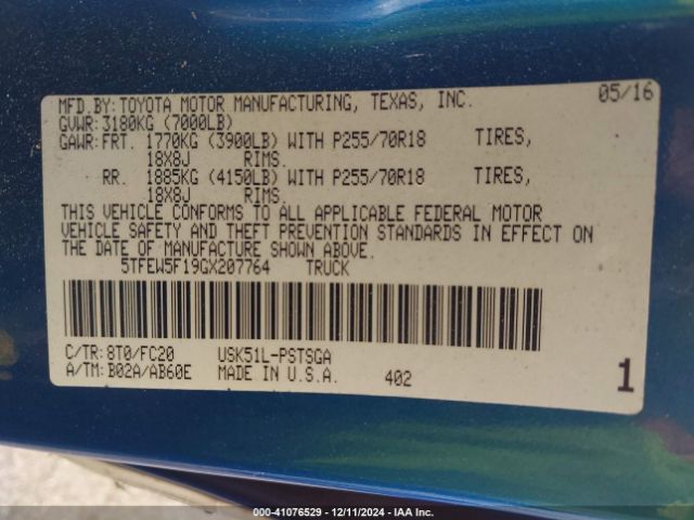 5TFEW5F19GX207764 Toyota Tundra Sr5 5.7l V8