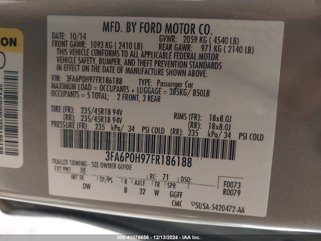 Ford FUSION SE 2015 3FA6P0H97FR186188 Image 9