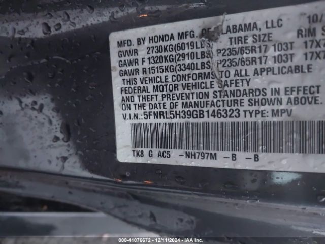 5FNRL5H39GB146323 Honda ODYSSEY SE