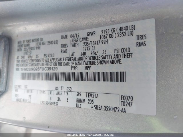 Ford ESCAPE SE 2015 1FMCU9G95FUC39129 Image 9