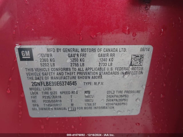 Chevrolet EQUINOX 1LT 2014 2GNFLBE39E6374645 Image 9