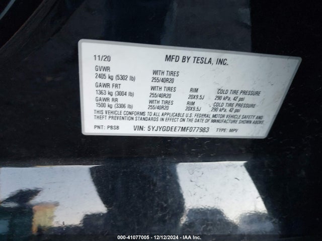 2021 TESLA MODEL Y 5YJYGDEE7MF077983 Photo 8