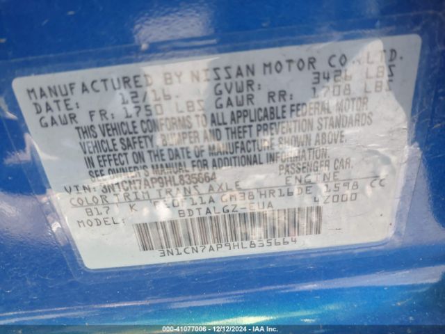 3N1CN7AP9HL835664 Nissan Versa 1.6 Sl