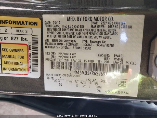3LN6L5MU5KR629697 Lincoln Mkz Hybrid Reserve Ii