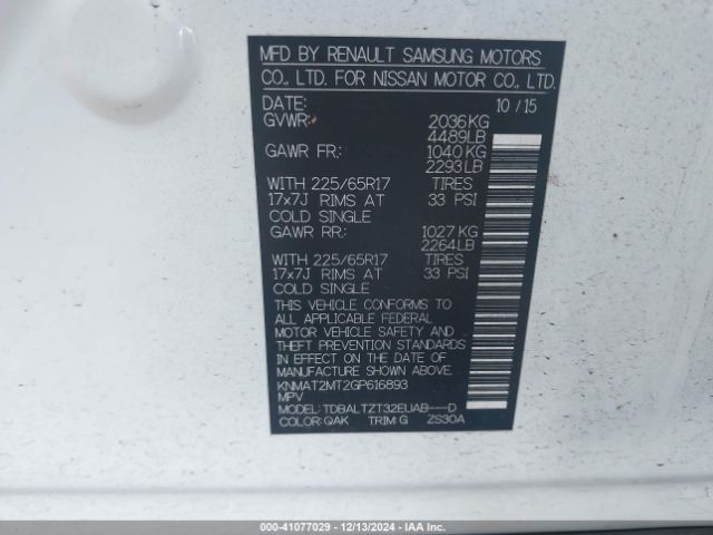 KNMAT2MT2GP616893 Nissan ROGUE SV