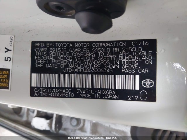 JTDKARFU0G3006345 Toyota Prius Three