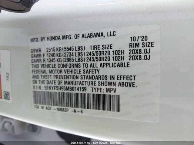 5FNYF5H95MB014159 Honda Pilot 2wd Touring 8 Passenger