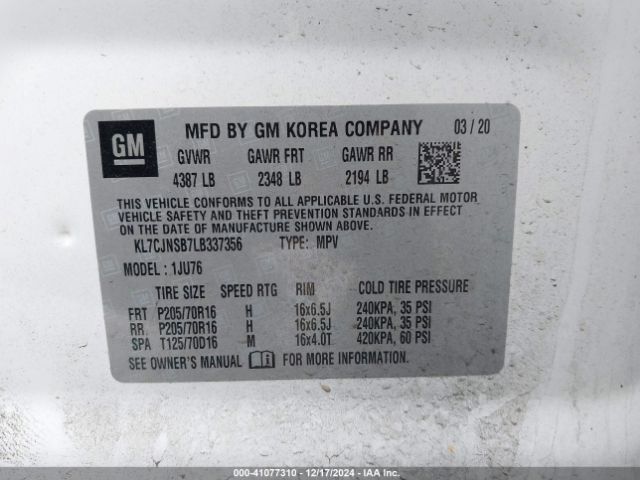 KL7CJNSB7LB337356 Chevrolet Trax Awd Ls
