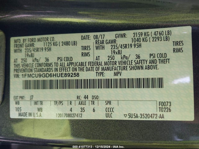 Ford ESCAPE SE 2017 1FMCU9GD6HUE89258 Image 9