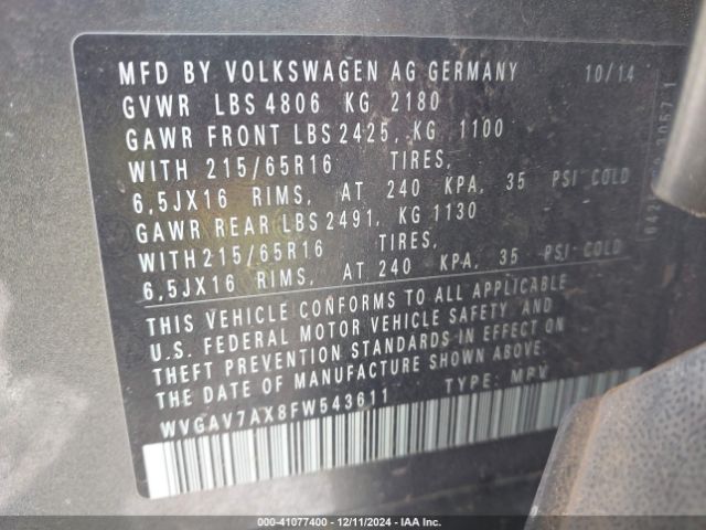 WVGAV7AX8FW543611 Volkswagen TIGUAN S