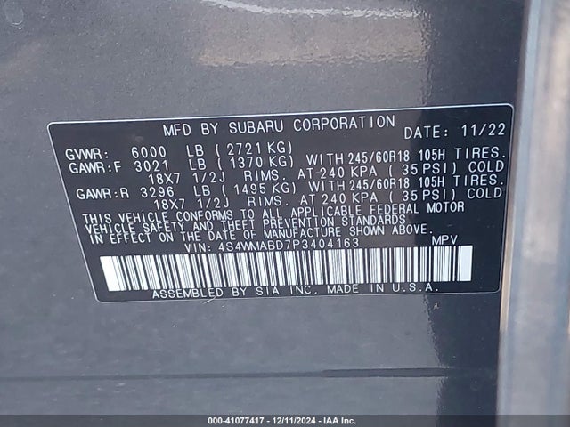 4S4WMABD7P3404163 Subaru Ascent Premium 8-passenger